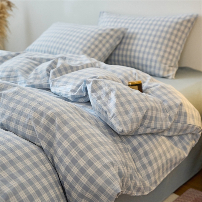 91家纺网 家纺一手货源 找家纺 （总）兰紫橙家纺 新款全棉纯棉水洗棉四件套方格朵拉 单被套 单品枕套 床笠款 全尺寸