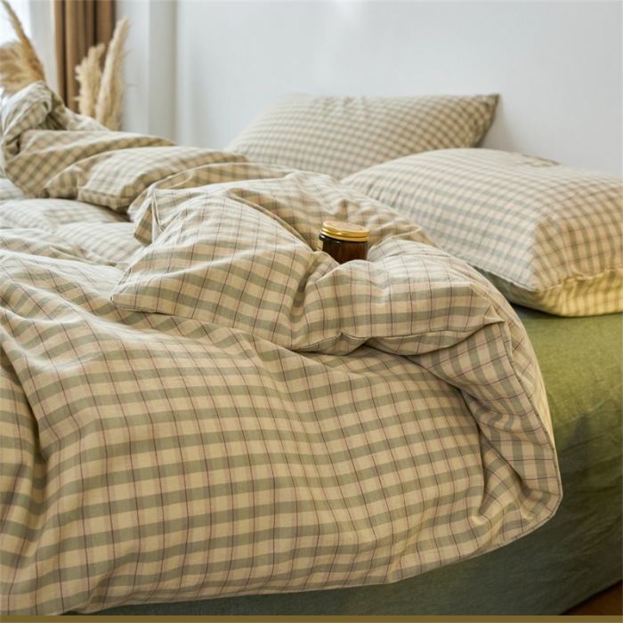 91家纺网 家纺一手货源 找家纺 （总）兰紫橙家纺 新款全棉纯棉水洗棉四件套方格朵拉 单被套 单品枕套 床笠款 全尺寸