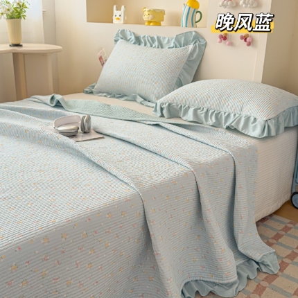 91家纺网 家纺一手货源 找家纺 （总）莫代尔天丝床盖三件套 砂洗小清新夹棉绗缝防滑床单四季