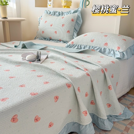91家纺网 家纺一手货源 找家纺 （总）莫代尔天丝床盖三件套 砂洗小清新夹棉绗缝防滑床单四季