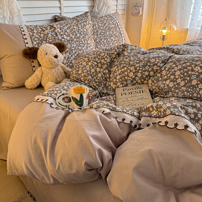 91家纺网 家纺一手货源 找家纺 （总）鑫利来家纺 2026古法水洗棉法式花边四件套甄选纯棉花边拼接款四件套印花被套床单单品四件套