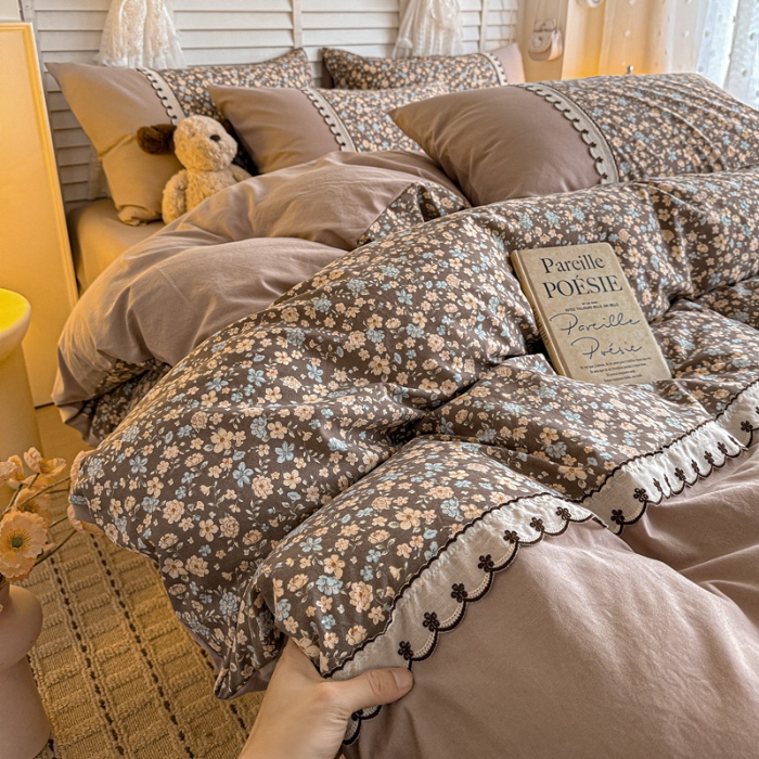 91家纺网 家纺一手货源 找家纺 （总）鑫利来家纺 2026古法水洗棉法式花边四件套甄选纯棉花边拼接款四件套印花被套床单单品四件套