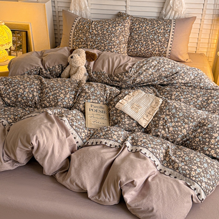 91家纺网 家纺一手货源 找家纺 （总）鑫利来家纺 2026古法水洗棉法式花边四件套甄选纯棉花边拼接款四件套印花被套床单单品四件套