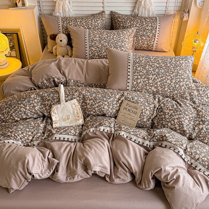 91家纺网 家纺一手货源 找家纺 （总）鑫利来家纺 2026古法水洗棉法式花边四件套甄选纯棉花边拼接款四件套印花被套床单单品四件套