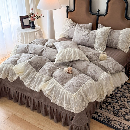 苏米娜2026春夏新款法式复古双层花边大蕾丝水洗棉亚麻床盖款四件套全棉纯棉印花小碎花四件套 巴洛克灰 