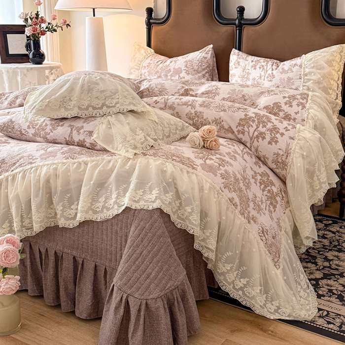 91家纺网 家纺一手货源 找家纺 苏米娜2026春夏新款法式复古双层花边大蕾丝水洗棉亚麻床盖款四件套全棉纯棉印花小碎花四件套 芙琳 