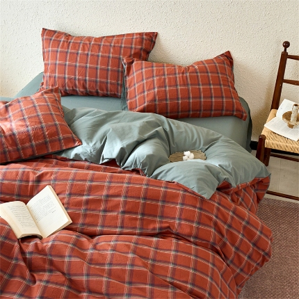 91家纺网 家纺一手货源 找家纺 （总）兰紫橙家纺 2026新款全棉水洗棉印花格子四件套 单被套 床单款 床笠款 ---全尺寸