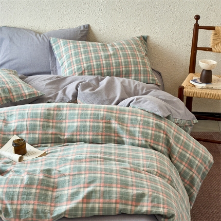 91家纺网 家纺一手货源 找家纺 （总）兰紫橙家纺 2026新款全棉水洗棉印花格子四件套 单被套 床单款 床笠款 ---全尺寸