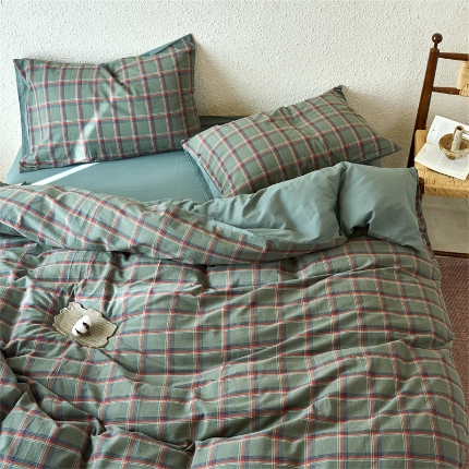 91家纺网 家纺一手货源 找家纺 （总）兰紫橙家纺 2026新款全棉水洗棉印花格子四件套 单被套 床单款 床笠款 ---全尺寸