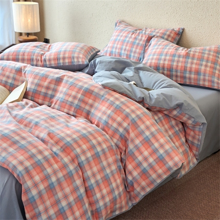 91家纺网 家纺一手货源 找家纺 （总）兰紫橙家纺 2026新款全棉水洗棉印花格子四件套 单被套 床单款 床笠款 ---全尺寸