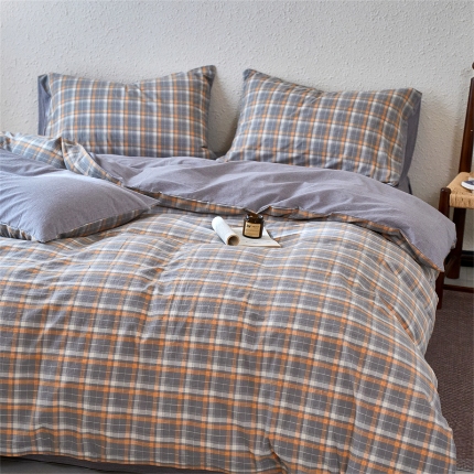 91家纺网 家纺一手货源 找家纺 （总）兰紫橙家纺 2026新款全棉水洗棉印花格子四件套 单被套 床单款 床笠款 ---全尺寸