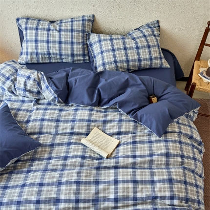 91家纺网 家纺一手货源 找家纺 （总）兰紫橙家纺 2026新款全棉水洗棉印花格子四件套 单被套 床单款 床笠款 ---全尺寸