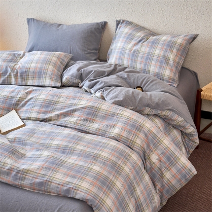 91家纺网 家纺一手货源 找家纺 （总）兰紫橙家纺 2026新款全棉水洗棉印花格子四件套 单被套 床单款 床笠款 ---全尺寸