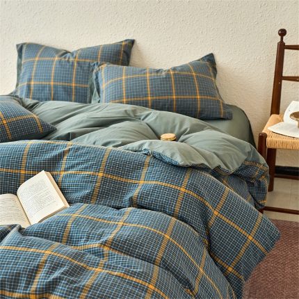 91家纺网 家纺一手货源 找家纺 （总）兰紫橙家纺 2026新款全棉水洗棉印花格子四件套 单被套 床单款 床笠款 ---全尺寸