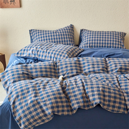 91家纺网 家纺一手货源 找家纺 （总）兰紫橙家纺 2026新款全棉水洗棉印花格子四件套 单被套 床单款 床笠款 ---全尺寸