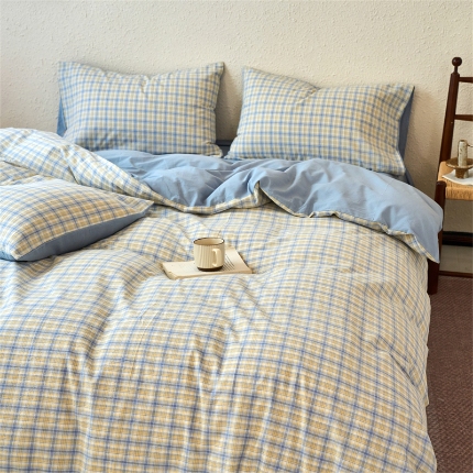 91家纺网 家纺一手货源 找家纺 （总）兰紫橙家纺 2026新款全棉水洗棉印花格子四件套 单被套 床单款 床笠款 ---全尺寸