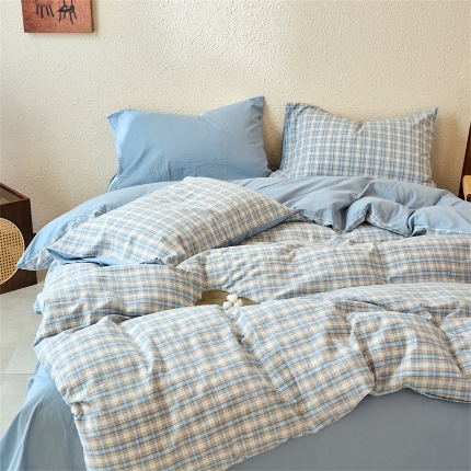 91家纺网 家纺一手货源 找家纺 （总）兰紫橙家纺 2026新款全棉水洗棉印花格子四件套 单被套 床单款 床笠款 ---全尺寸