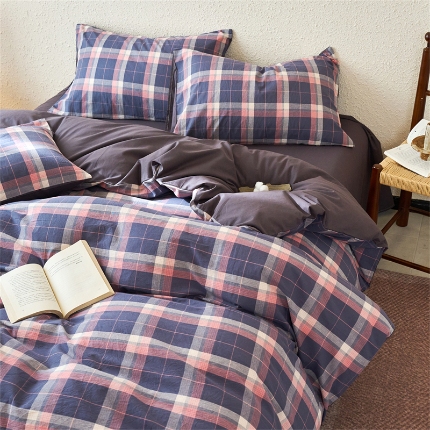 91家纺网 家纺一手货源 找家纺 （总）兰紫橙家纺 2026新款全棉水洗棉印花格子四件套 单被套 床单款 床笠款 ---全尺寸