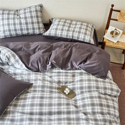 91家纺网 家纺一手货源 找家纺 （总）兰紫橙家纺 2026新款全棉水洗棉印花格子四件套 单被套 床单款 床笠款 ---全尺寸