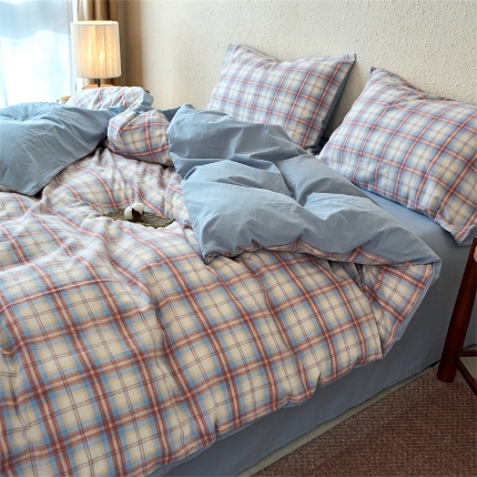 91家纺网 家纺一手货源 找家纺 （总）兰紫橙家纺 2026新款全棉水洗棉印花格子四件套 单被套 床单款 床笠款 ---全尺寸