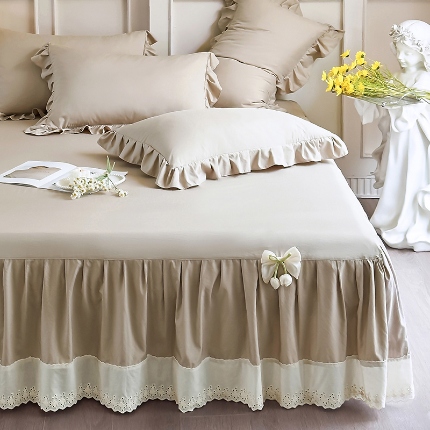 91家纺网 家纺一手货源 找家纺 乐朵家居 2026新款 25-3郁金香 天丝缎蕾丝床裙+可配空调 卡其