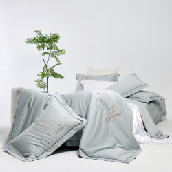 91家纺网 家纺一手货源 找家纺 梦丝语家纺秋冬婚庆送礼居家高端100支长绒棉磨毛平绣加毛巾绣四件套,柏拉图-冰川蓝