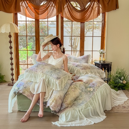 2026高端韩版法式公主复古油画风全棉纯棉双层纱四件套赫本浪漫荷叶花边仙女风全棉双层纱四件套床上用品被套床单床笠 仲夏
