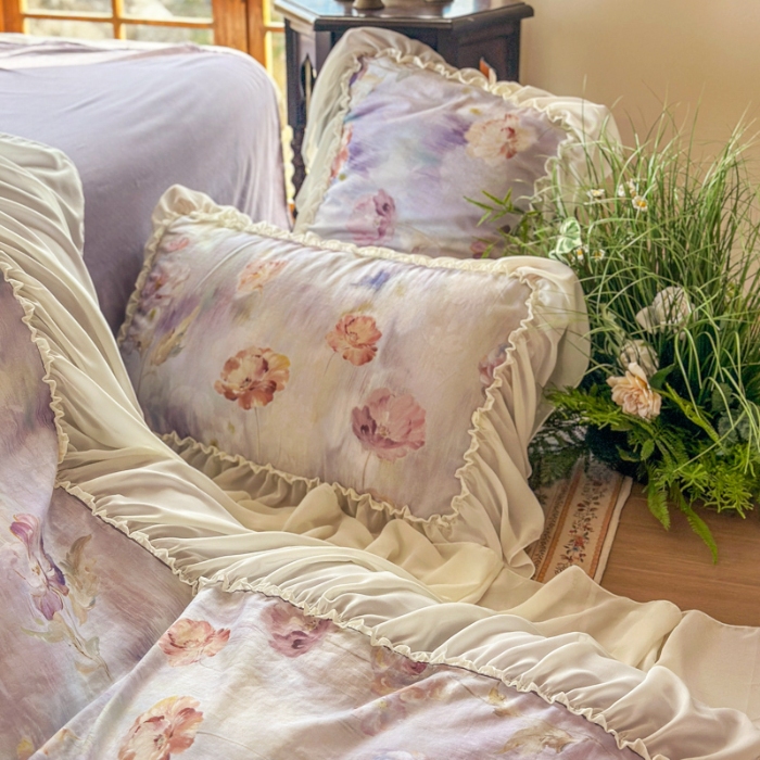 91家纺网 家纺一手货源 找家纺 2026高端韩版法式公主复古油画风全棉纯棉双层纱四件套赫本浪漫荷叶花边仙女风全棉双层纱四件套床上用品被套床单床笠 香榭丽舍