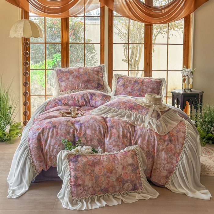 91家纺网 家纺一手货源 找家纺 2026高端韩版法式公主复古油画风全棉纯棉双层纱四件套赫本浪漫荷叶花边仙女风全棉双层纱四件套床上用品被套床单床笠 普罗旺斯