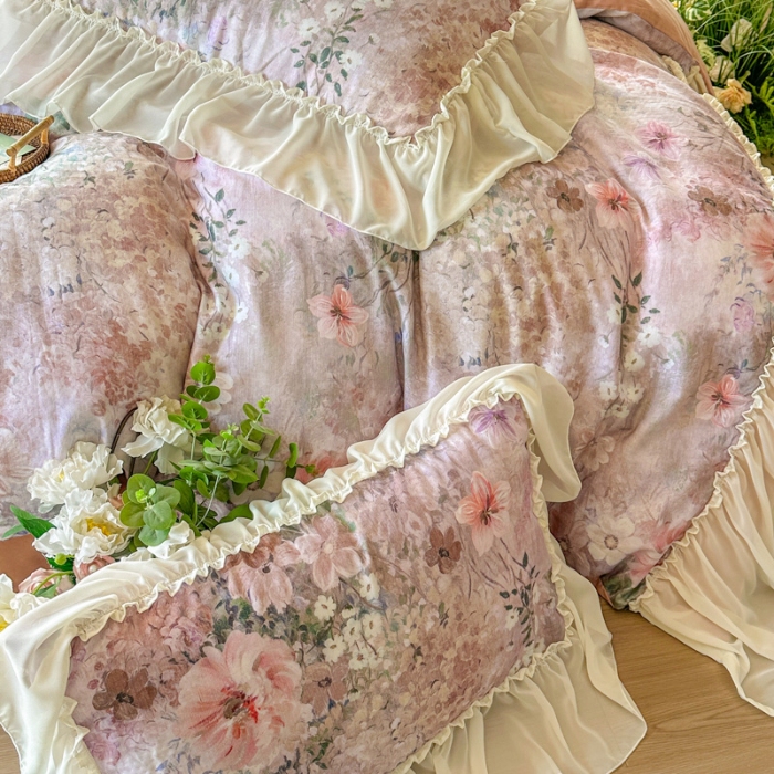 91家纺网 家纺一手货源 找家纺 2026高端韩版法式公主复古油画风全棉纯棉双层纱四件套赫本浪漫荷叶花边仙女风全棉双层纱四件套床上用品被套床单床笠 莫奈花园