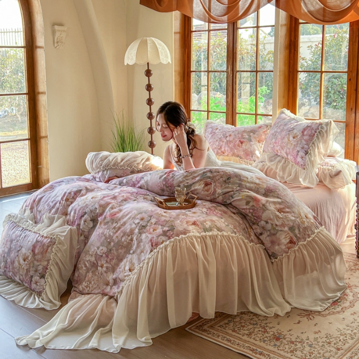 91家纺网 家纺一手货源 找家纺 2026高端韩版法式公主复古油画风全棉纯棉双层纱四件套赫本浪漫荷叶花边仙女风全棉双层纱四件套床上用品被套床单床笠 采薇