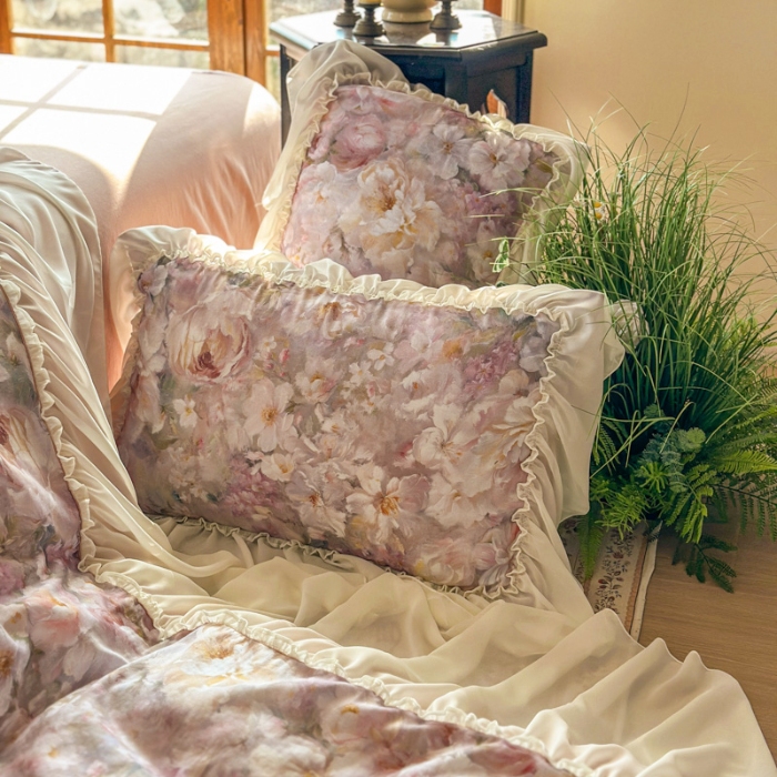 91家纺网 家纺一手货源 找家纺 2026高端韩版法式公主复古油画风全棉纯棉双层纱四件套赫本浪漫荷叶花边仙女风全棉双层纱四件套床上用品被套床单床笠 采薇