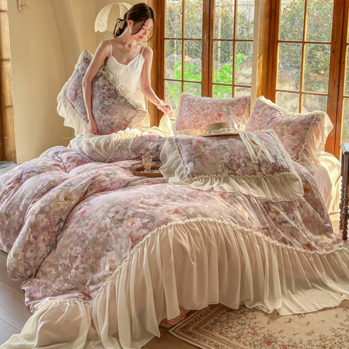 91家纺网 家纺一手货源 找家纺 2026高端韩版法式公主复古油画风全棉纯棉双层纱四件套赫本浪漫荷叶花边仙女风全棉双层纱四件套床上用品被套床单床笠 采薇