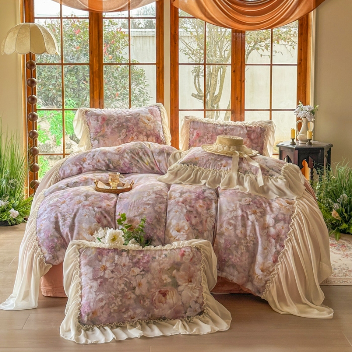 91家纺网 家纺一手货源 找家纺 2026高端韩版法式公主复古油画风全棉纯棉双层纱四件套赫本浪漫荷叶花边仙女风全棉双层纱四件套床上用品被套床单床笠 采薇