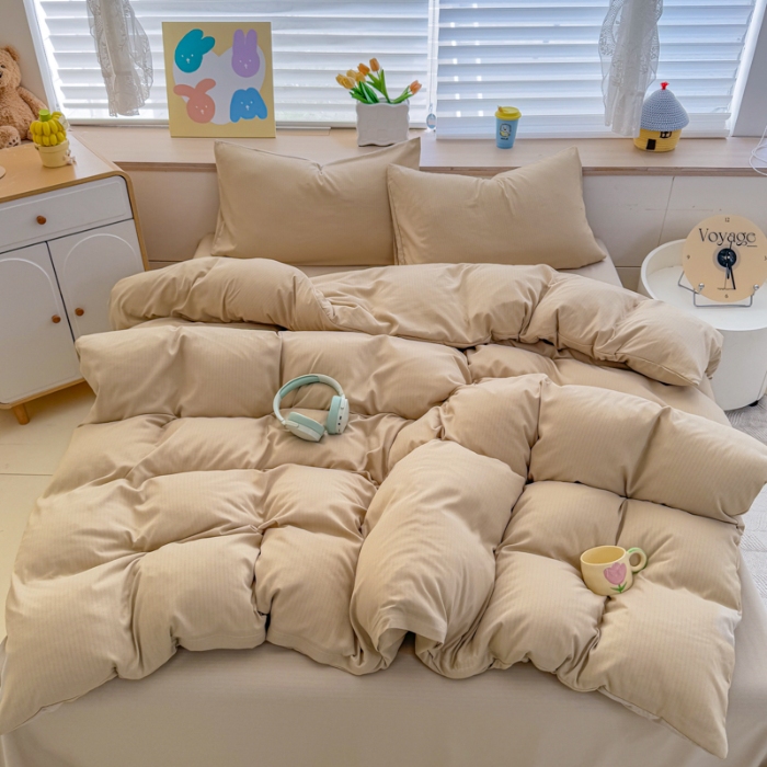 91家纺网 家纺一手货源 找家纺 （总）2026跨境外贸纯色双拼韩国提花棉四件套单被套单床单床笠单品简约素色纯色被套四件套北欧风水洗棉磨毛