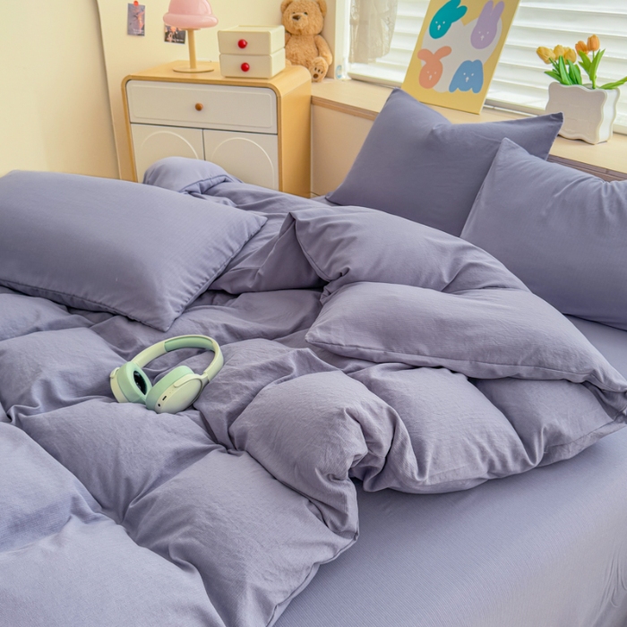 91家纺网 家纺一手货源 找家纺 2026跨境外贸纯色双拼韩国提花棉四件套单被套单床单床笠单品简约素色纯色被套四件套北欧风水洗棉磨毛 T宝石蓝