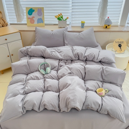 2026跨境外贸纯色双拼韩国提花棉四件套单被套单床单床笠单品简约素色纯色被套四件套北欧风水洗棉磨毛 T灰色
