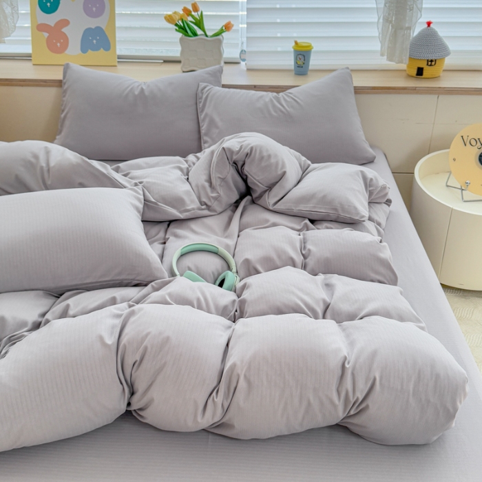 91家纺网 家纺一手货源 找家纺 2026跨境外贸纯色双拼韩国提花棉四件套单被套单床单床笠单品简约素色纯色被套四件套北欧风水洗棉磨毛 T灰色