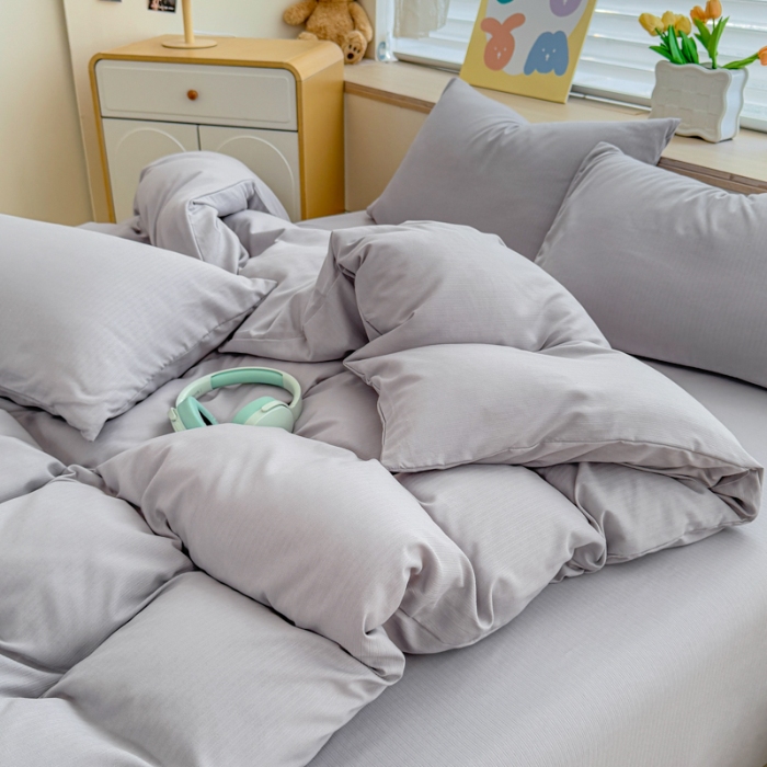 91家纺网 家纺一手货源 找家纺 2026跨境外贸纯色双拼韩国提花棉四件套单被套单床单床笠单品简约素色纯色被套四件套北欧风水洗棉磨毛 T灰色