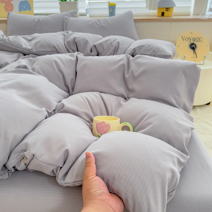 91家纺网 家纺一手货源 找家纺 2026跨境外贸纯色双拼韩国提花棉四件套单被套单床单床笠单品简约素色纯色被套四件套北欧风水洗棉磨毛 T灰色