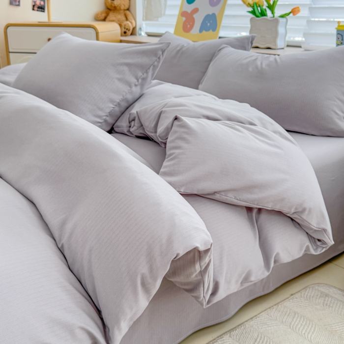 91家纺网 家纺一手货源 找家纺 2026跨境外贸纯色双拼韩国提花棉四件套单被套单床单床笠单品简约素色纯色被套四件套北欧风水洗棉磨毛 T灰色