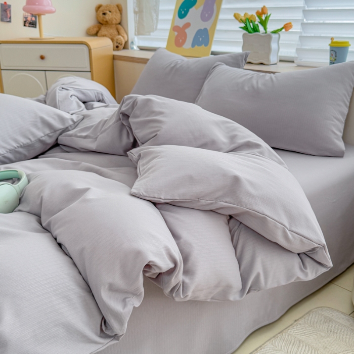 91家纺网 家纺一手货源 找家纺 2026跨境外贸纯色双拼韩国提花棉四件套单被套单床单床笠单品简约素色纯色被套四件套北欧风水洗棉磨毛 T灰色