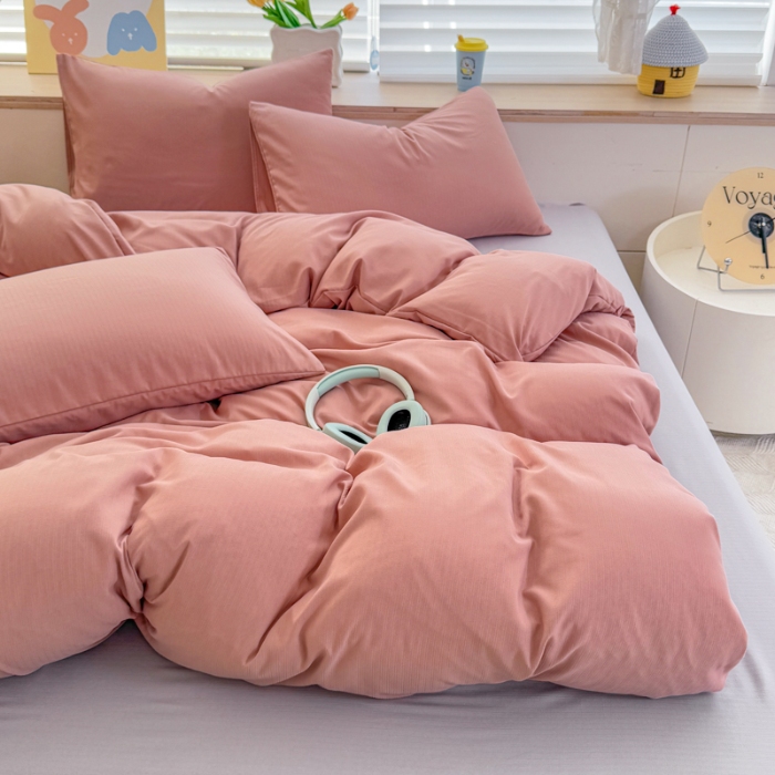 91家纺网 家纺一手货源 找家纺 2026跨境外贸纯色双拼韩国提花棉四件套单被套单床单床笠单品简约素色纯色被套四件套北欧风水洗棉磨毛 T豆沙+T灰色