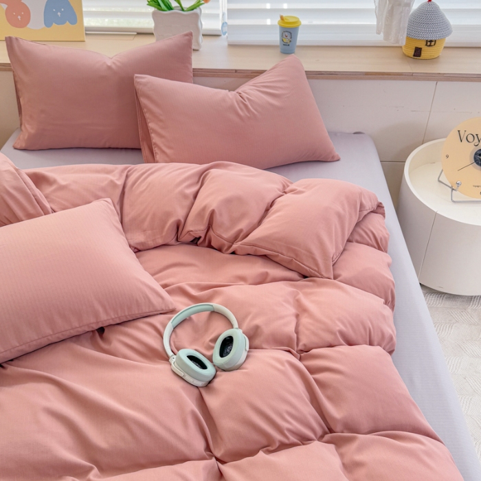 91家纺网 家纺一手货源 找家纺 2026跨境外贸纯色双拼韩国提花棉四件套单被套单床单床笠单品简约素色纯色被套四件套北欧风水洗棉磨毛 T豆沙+T灰色