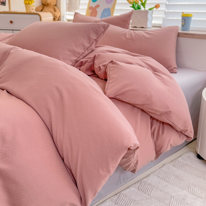 91家纺网 家纺一手货源 找家纺 2026跨境外贸纯色双拼韩国提花棉四件套单被套单床单床笠单品简约素色纯色被套四件套北欧风水洗棉磨毛 T豆沙+T灰色