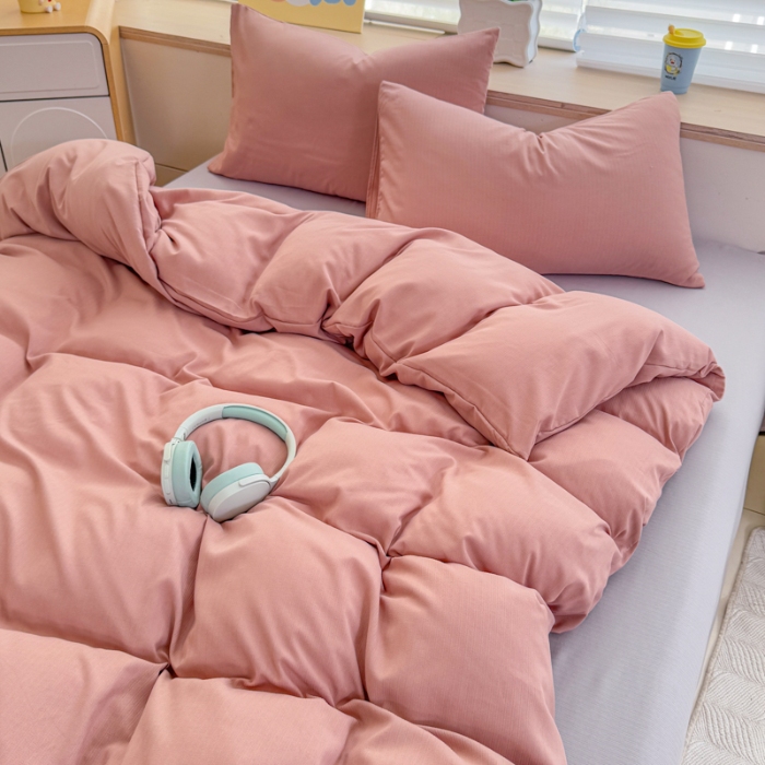 91家纺网 家纺一手货源 找家纺 2026跨境外贸纯色双拼韩国提花棉四件套单被套单床单床笠单品简约素色纯色被套四件套北欧风水洗棉磨毛 T豆沙+T灰色