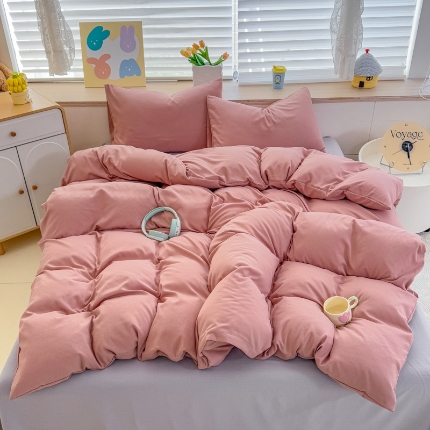 2026跨境外贸纯色双拼韩国提花棉四件套单被套单床单床笠单品简约素色纯色被套四件套北欧风水洗棉磨毛 T豆沙+T灰色