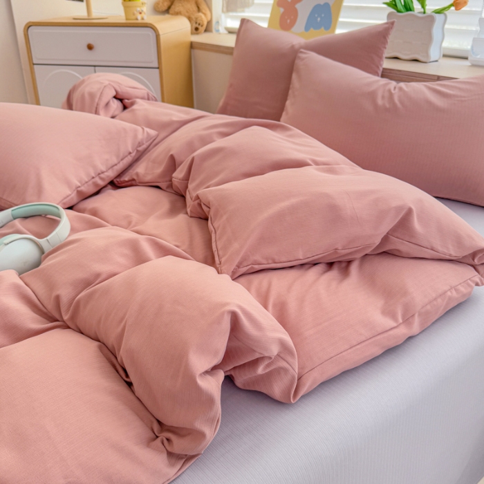 91家纺网 家纺一手货源 找家纺 2026跨境外贸纯色双拼韩国提花棉四件套单被套单床单床笠单品简约素色纯色被套四件套北欧风水洗棉磨毛 T豆沙+T灰色