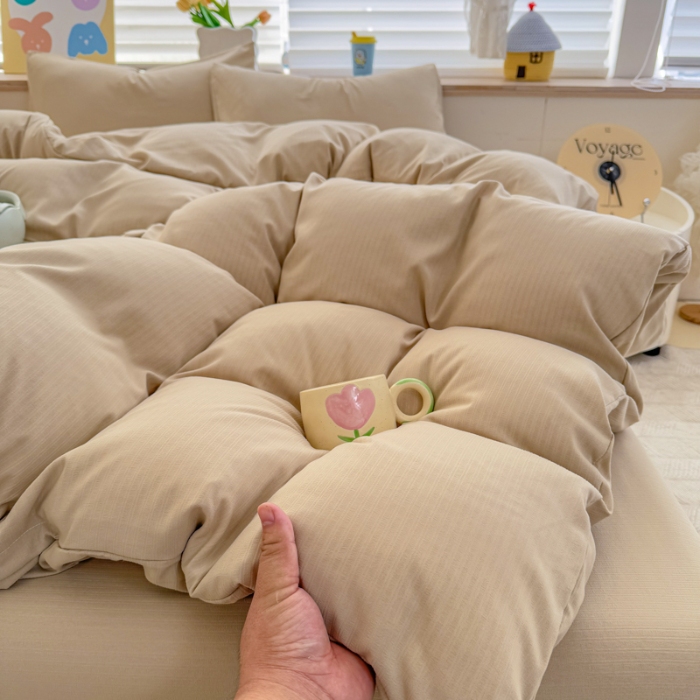 91家纺网 家纺一手货源 找家纺 2026跨境外贸纯色双拼韩国提花棉四件套单被套单床单床笠单品简约素色纯色被套四件套北欧风水洗棉磨毛 T卡其