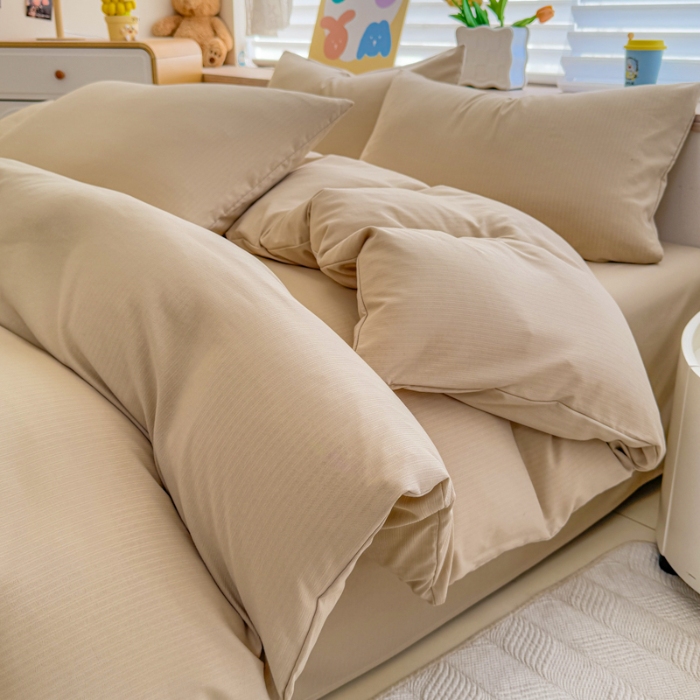 91家纺网 家纺一手货源 找家纺 2026跨境外贸纯色双拼韩国提花棉四件套单被套单床单床笠单品简约素色纯色被套四件套北欧风水洗棉磨毛 T卡其